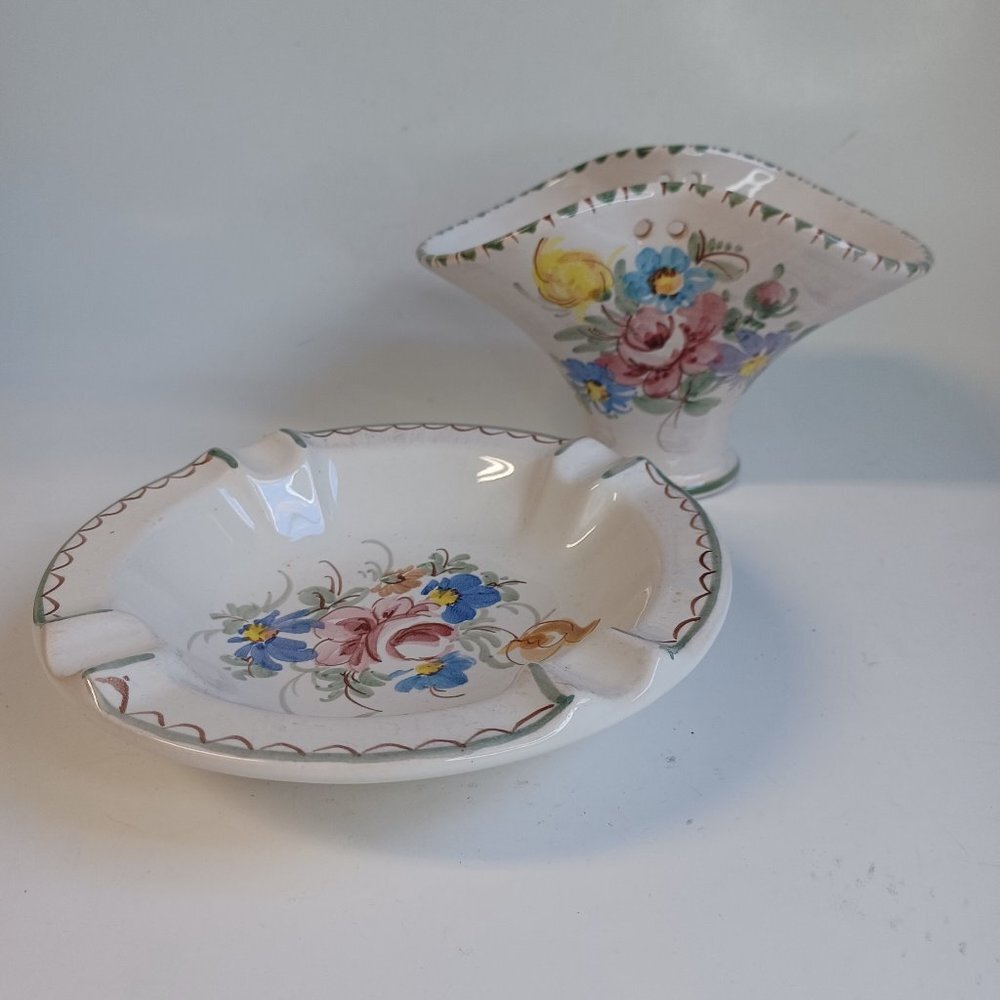 Vintage Ulmer Keramik Basket and Dish Hand Painted Floral Pottery Missing Handle